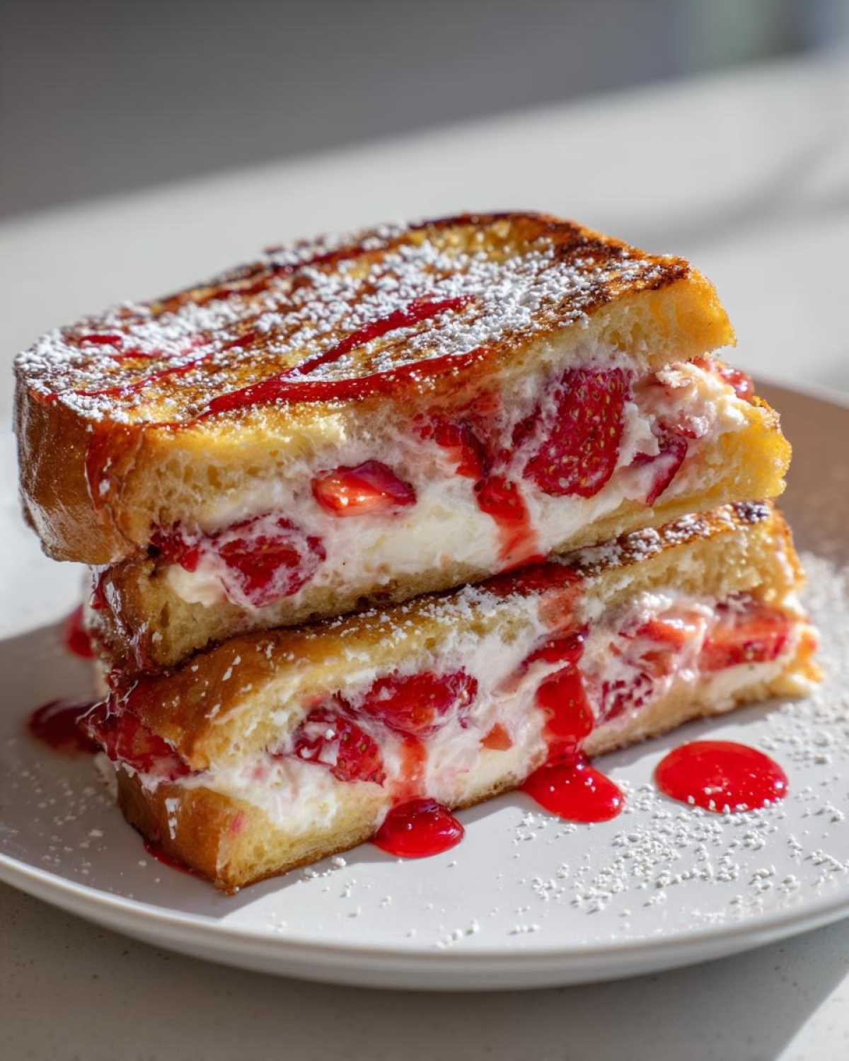Two halves of strawberry cheesecake stuffed french toast stacked, drizzled with syrup and powdered sugar.