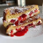 Two halves of strawberry cheesecake stuffed french toast stacked, oozing cream cheese and strawberry filling, dusted with powdered sugar.