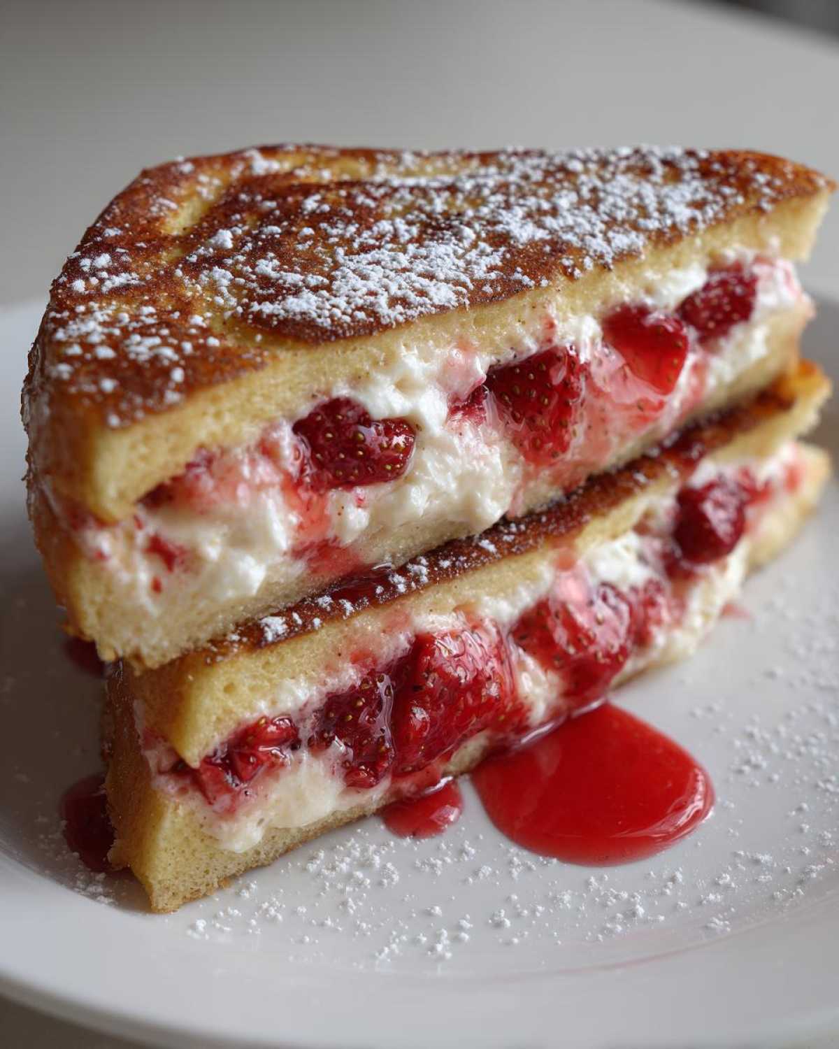 Two stacked halves of strawberry cheesecake stuffed french toast, dusted with powdered sugar.