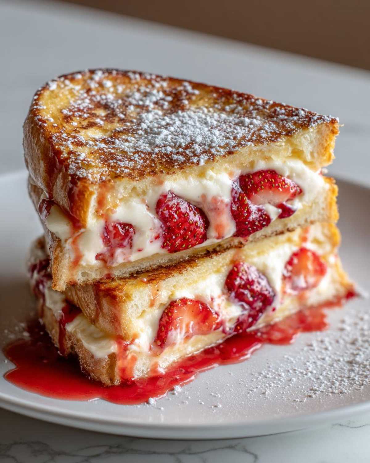 Two halves of strawberry cheesecake stuffed french toast stacked, oozing cream cheese filling and strawberries.