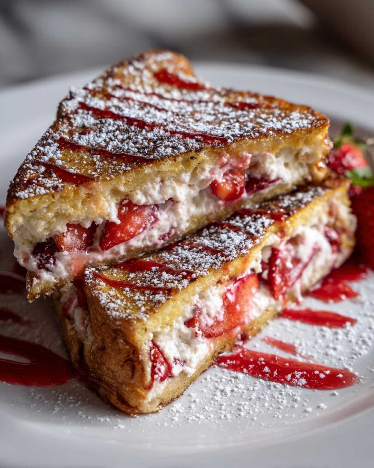 Two halves of strawberry cheesecake stuffed french toast stacked, drizzled with syrup and dusted with powdered sugar.