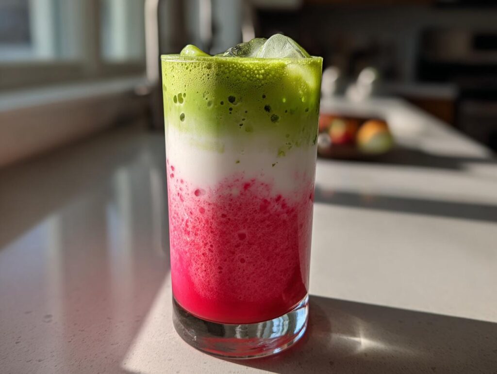A tall glass showcasing a vibrant, layered strawberry matcha drink with bright pink, white, and green layers, topped with ice.