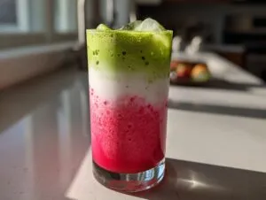 A tall glass showcasing a vibrant, layered strawberry matcha drink with bright pink, white, and green layers, topped with ice.