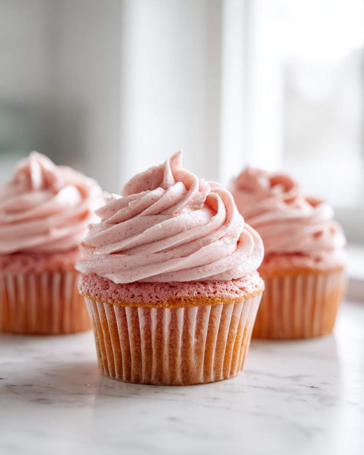 Three strawberry milkshake cupcakes with tall swirls of pink frosting sitting on a white marble surface.