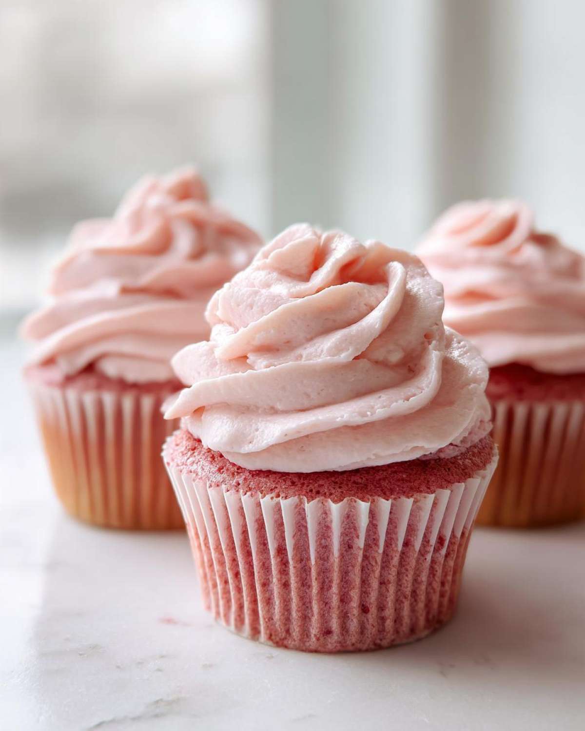 Close-up of three strawberry milkshake cupcakes with tall swirls of light pink frosting.