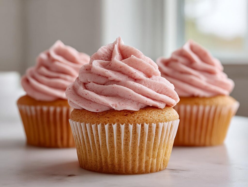 Three freshly baked strawberry milkshake cupcakes topped with swirled pink frosting, sitting on a white marble surface.