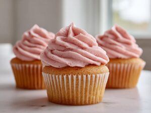 Three freshly baked strawberry milkshake cupcakes topped with swirled pink frosting, sitting on a white marble surface.