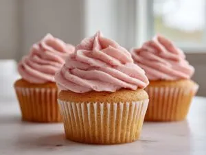 Three freshly baked strawberry milkshake cupcakes topped with swirled pink frosting, sitting on a white marble surface.