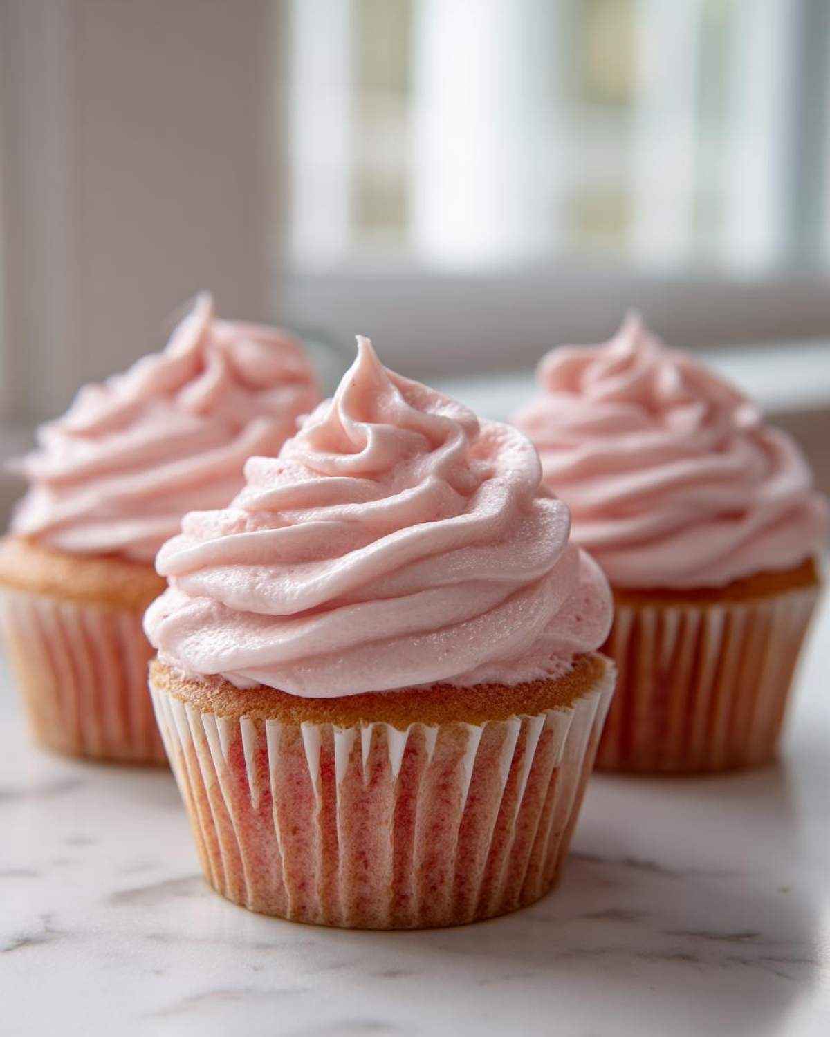Three delicious strawberry milkshake cupcakes with tall swirls of light pink frosting sitting on a white marble surface.
