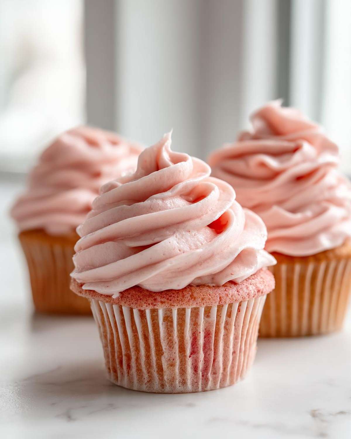 Close-up of three strawberry milkshake cupcakes topped with tall swirls of light pink frosting on a white marble surface.
