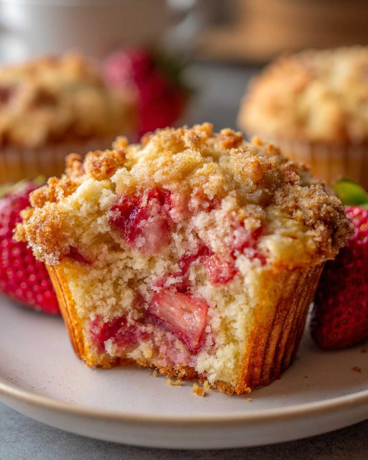 A close-up view of a strawberry muffin cut in half, showing moist cake and chunks of strawberry, topped with streusel, next to fresh strawberries.