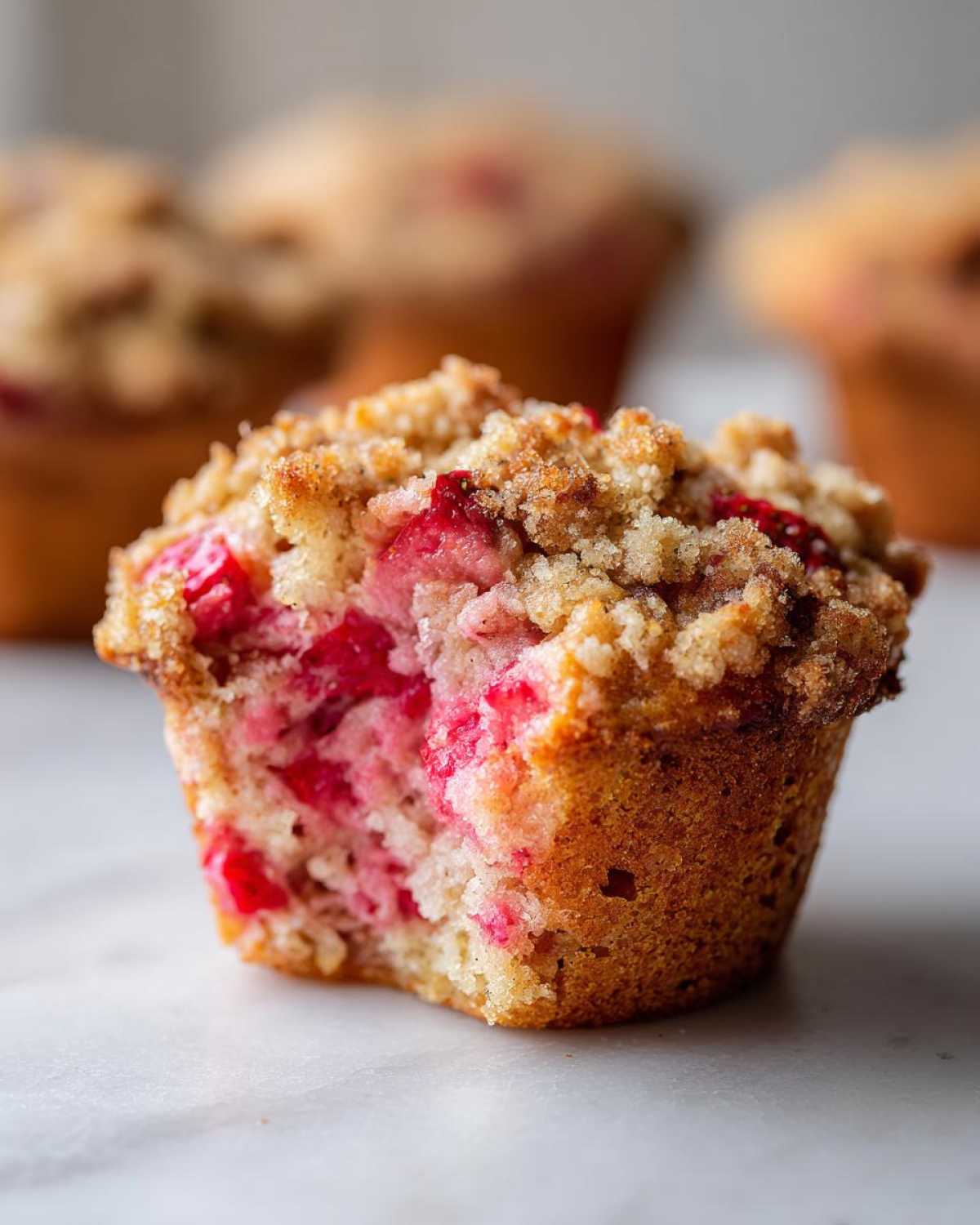 A close-up of a strawberry muffins cut in half, showing moist interior packed with strawberries and a crunchy crumb topping.