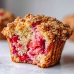 Close-up of a delicious strawberry muffins cut in half showing moist interior and streusel topping.