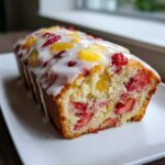 A loaf of moist strawberry pineapple pound cake, drizzled with white icing and topped with fruit pieces.