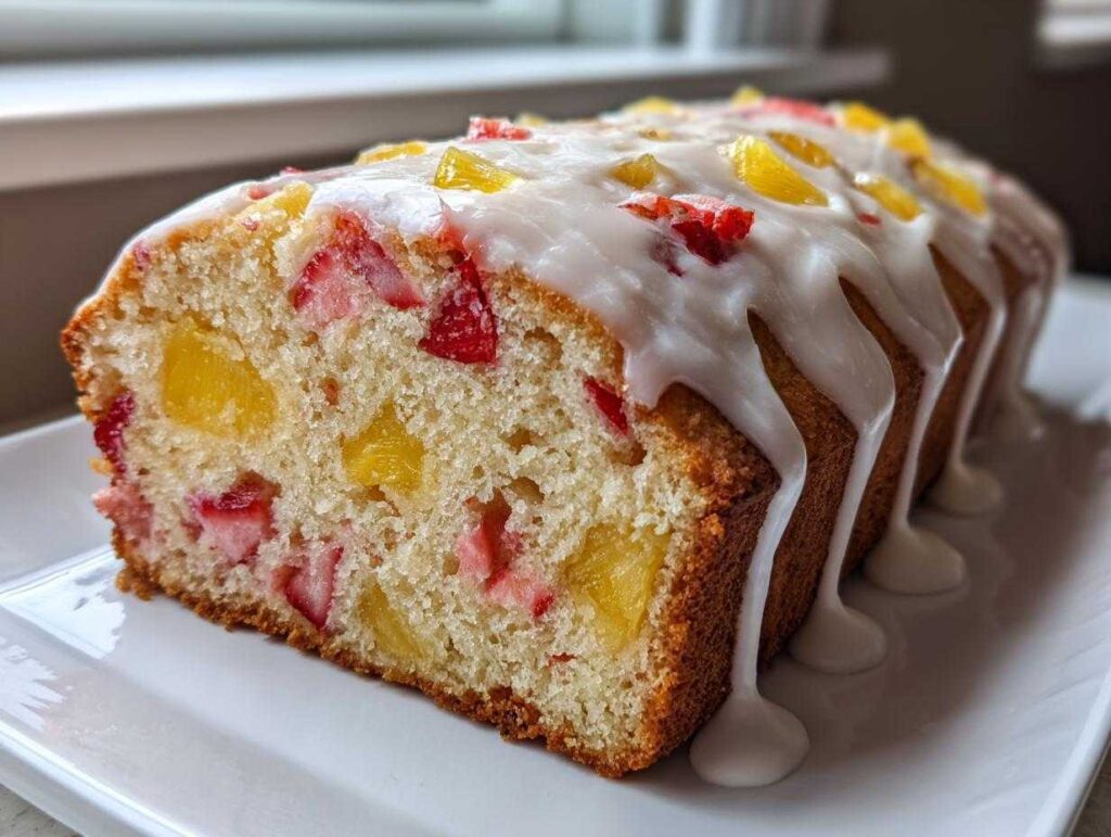 A loaf of strawberry pineapple pound cake with thick white glaze dripping down the sides.