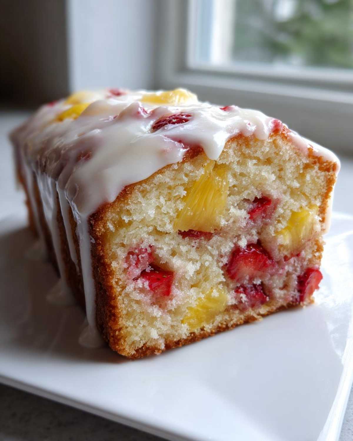 Close-up of a slice of strawberry pineapple pound cake loaf topped with thick white glaze and visible fruit pieces.