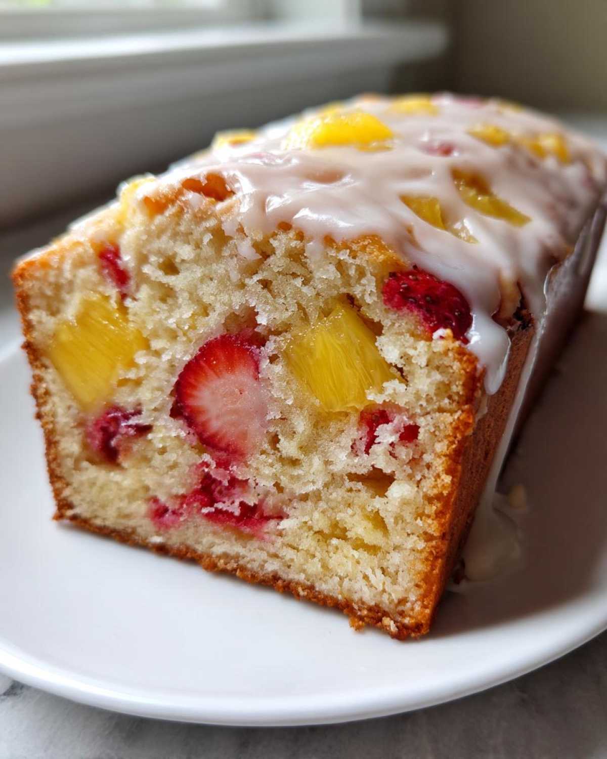 Close-up of a slice of strawberry pineapple pound cake showing moist crumb, fruit pieces, and white glaze topping.