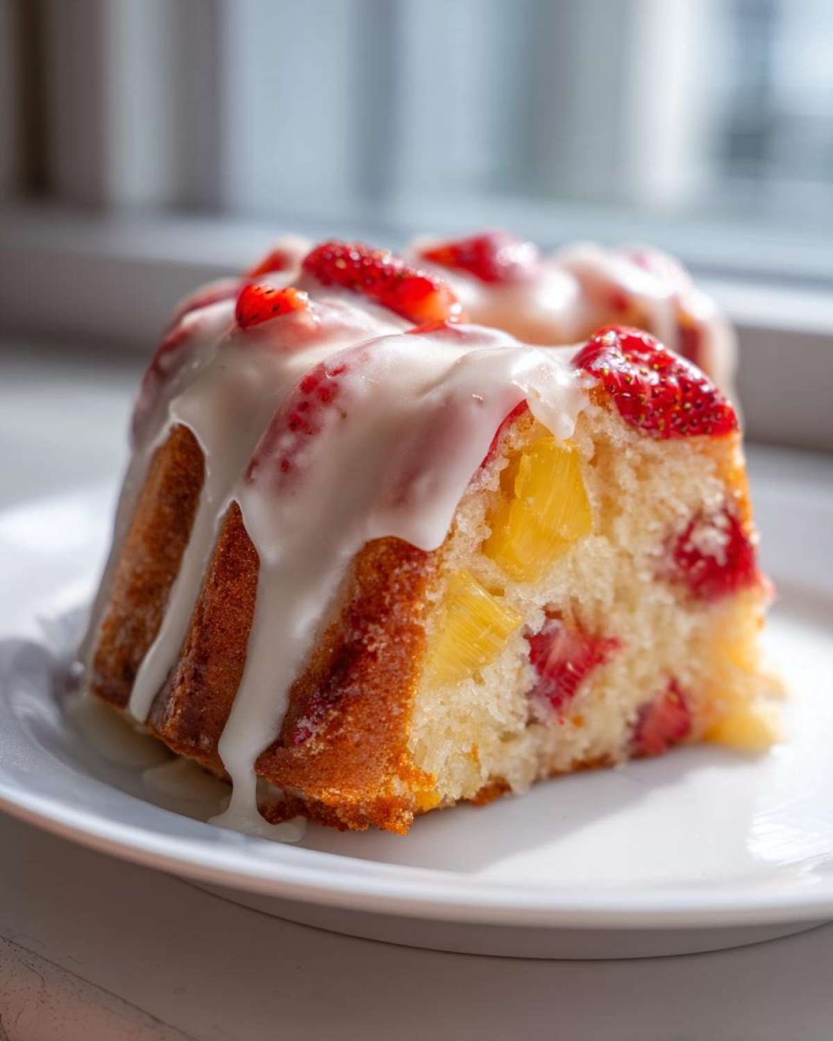 A close-up of a slice of strawberry pineapple pound cake drizzled with white glaze and topped with fresh strawberries.