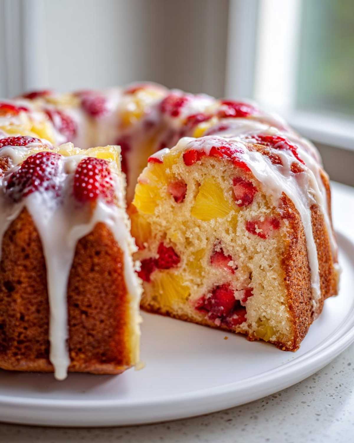 A slice cut from a strawberry pineapple pound cake, showing fruit baked inside and topped with white glaze.