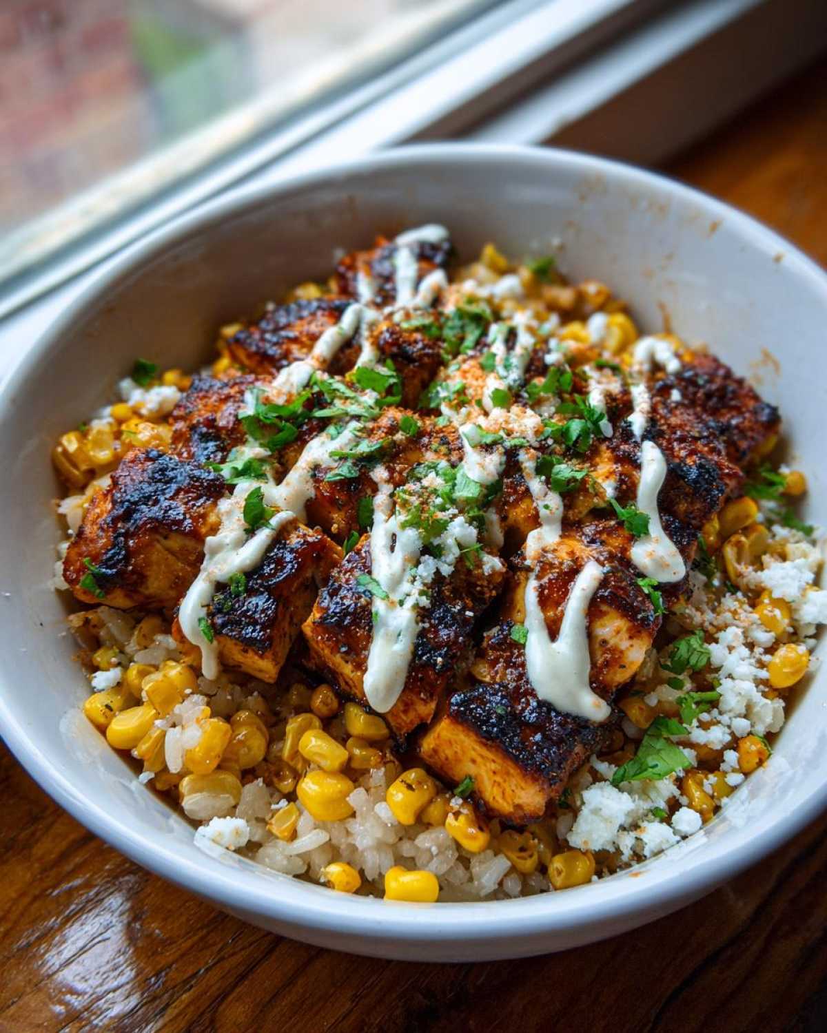 A close-up of a vibrant street corn chicken bowl featuring seasoned chicken chunks over rice and corn, drizzled with crema and topped with cotija cheese.
