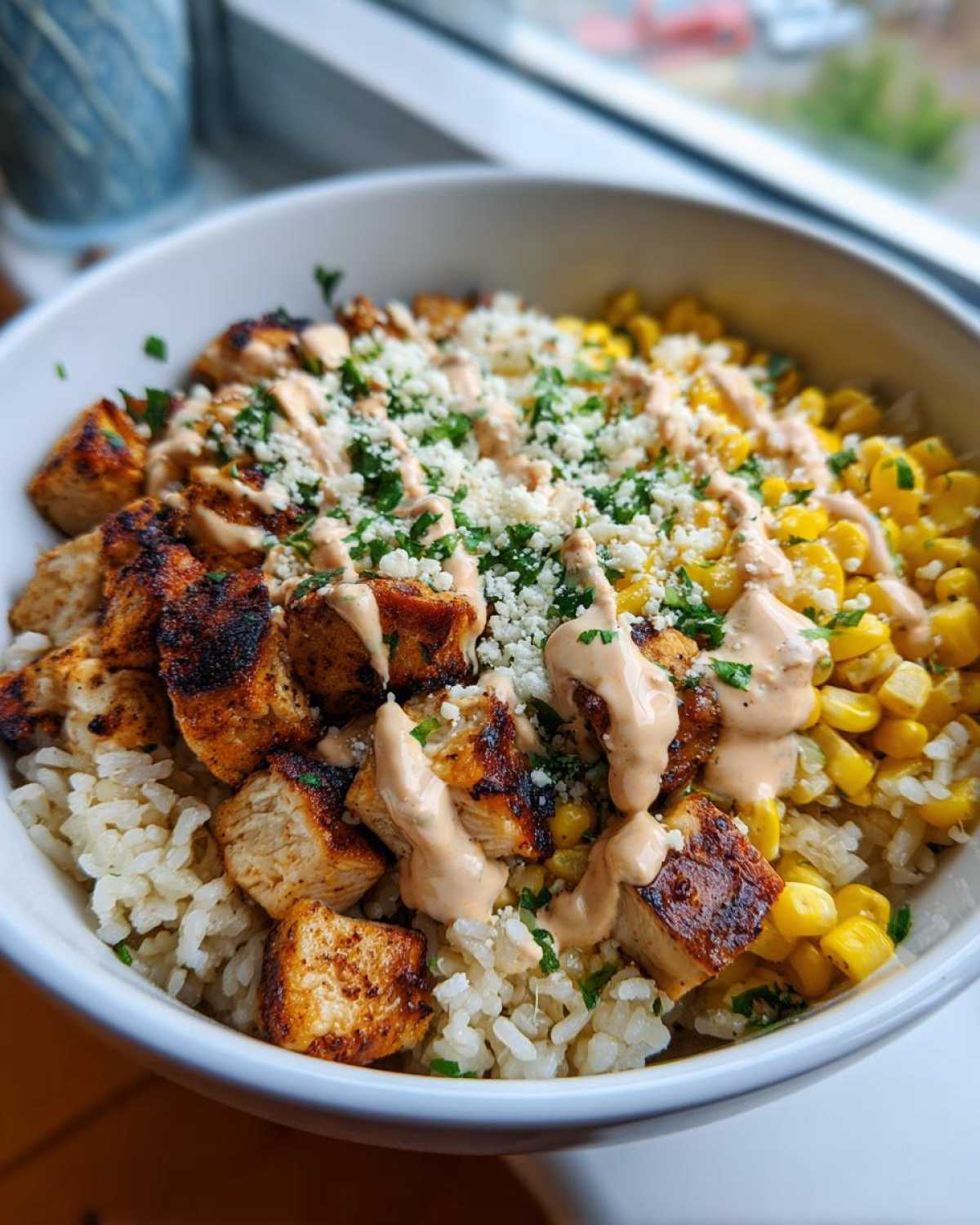 Close-up of a street corn chicken bowl featuring seasoned chicken, rice, corn, cotija cheese, and a creamy sauce.