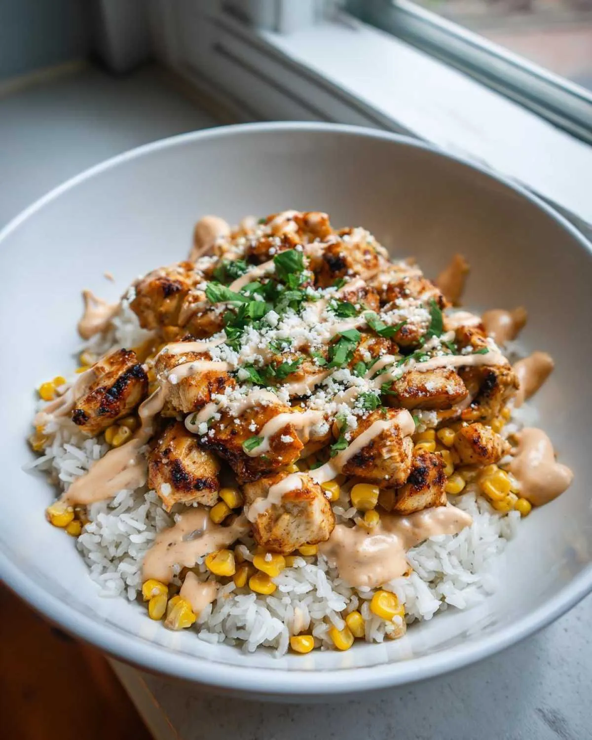 Close-up of a street corn chicken bowl featuring grilled chicken, white rice, corn, creamy sauce, and crumbled cheese.