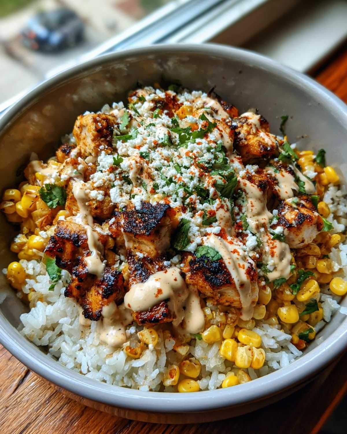 A close-up view of a street corn chicken bowl featuring seasoned chicken, white rice, corn, creamy sauce, and crumbled cheese.