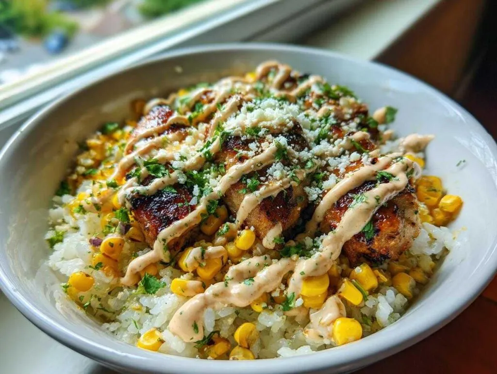 A vibrant street corn chicken bowl featuring grilled chicken, white rice, corn kernels, creamy sauce drizzle, and cotija cheese.