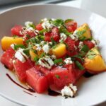 Close-up of a refreshing summer peach watermelon salad topped with feta cheese, fresh mint, and a balsamic glaze.