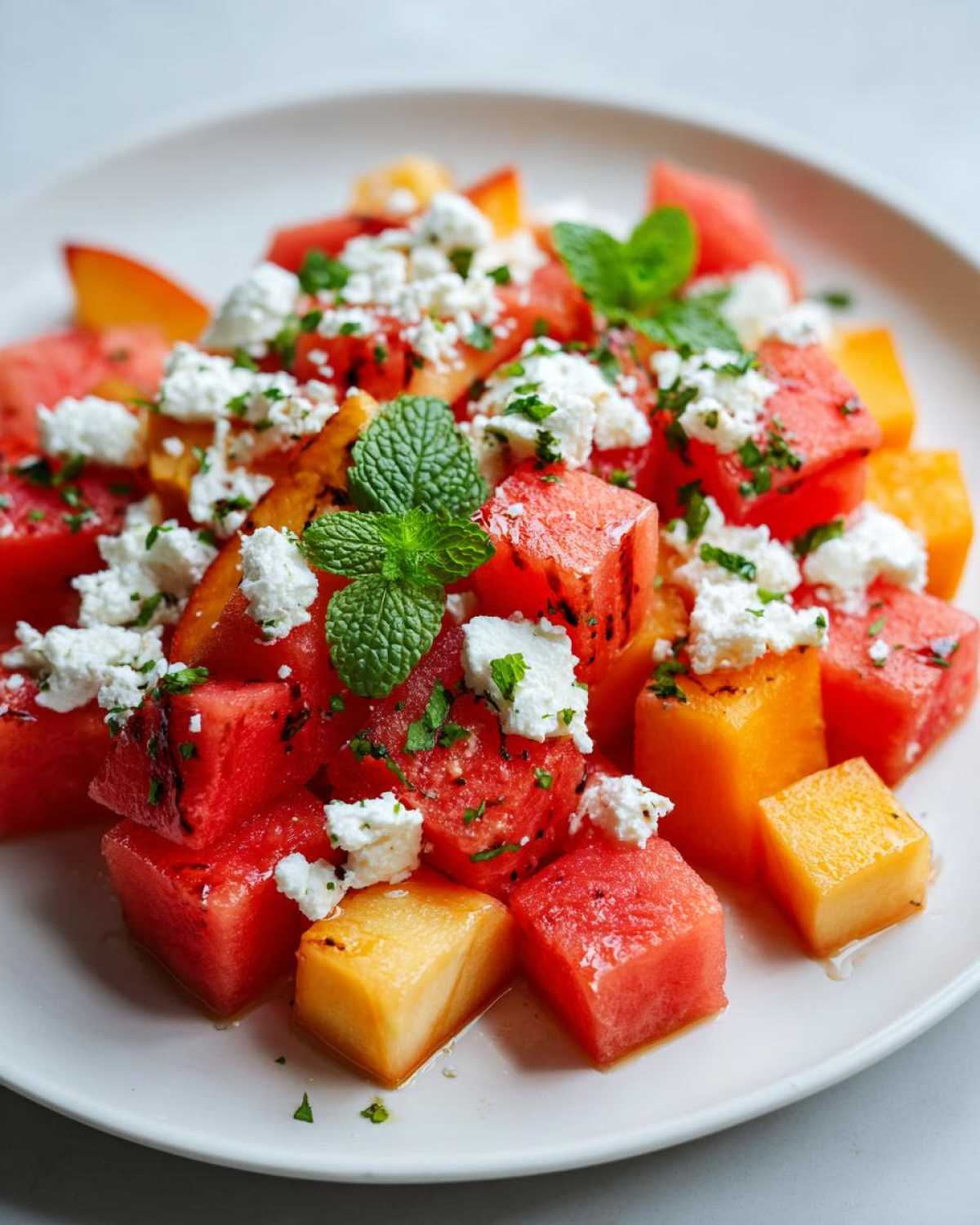 Close-up of a plate featuring cubes of watermelon and peach, topped with crumbled feta cheese and fresh mint for a summer peach watermelon salad.