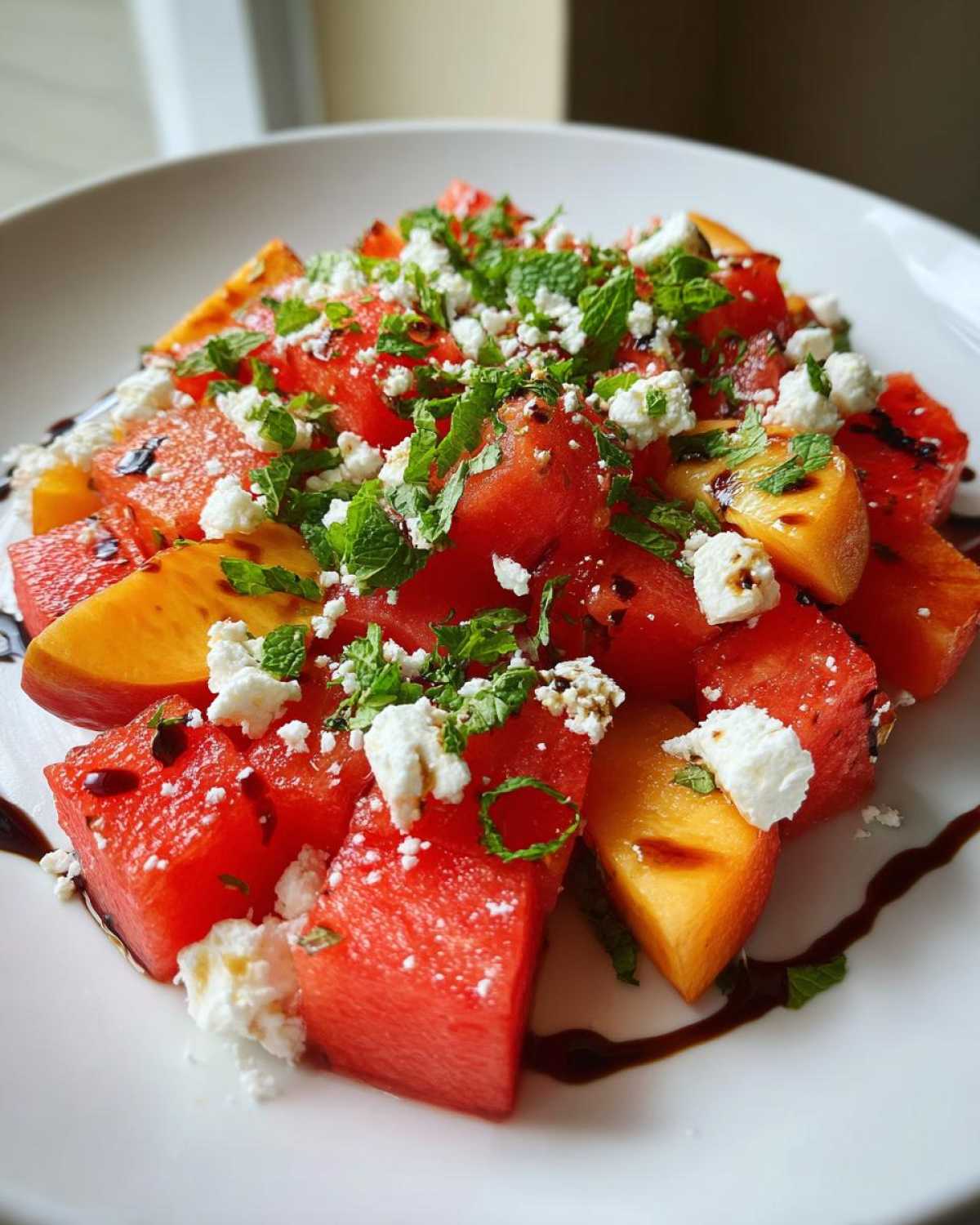 Close-up of a vibrant summer peach watermelon salad topped with crumbled feta, fresh mint, and a balsamic glaze.