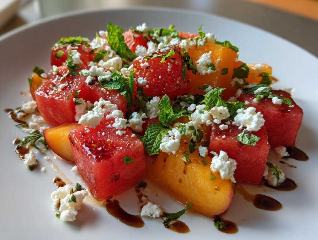 Close-up of a refreshing summer peach watermelon salad featuring cubes of watermelon, peach slices, crumbled feta, and fresh mint.
