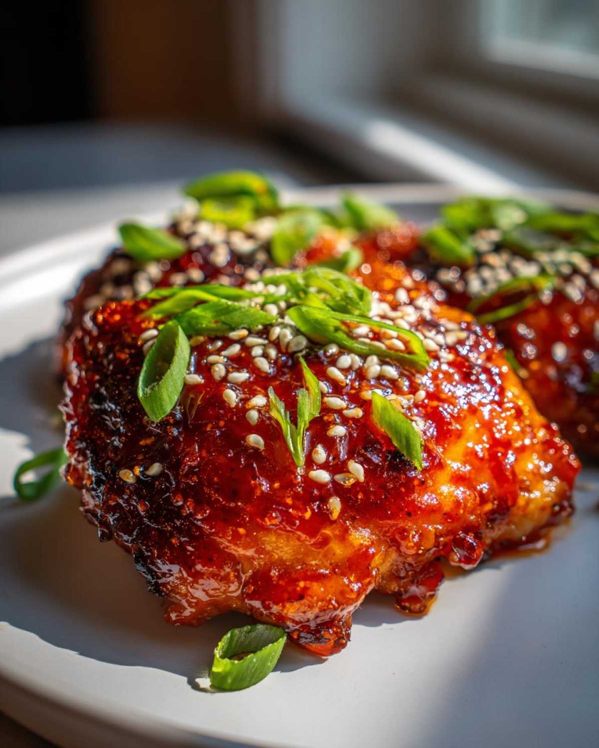 Close-up of sticky, glazed sweet chili chicken pieces topped with sesame seeds and sliced green onions.