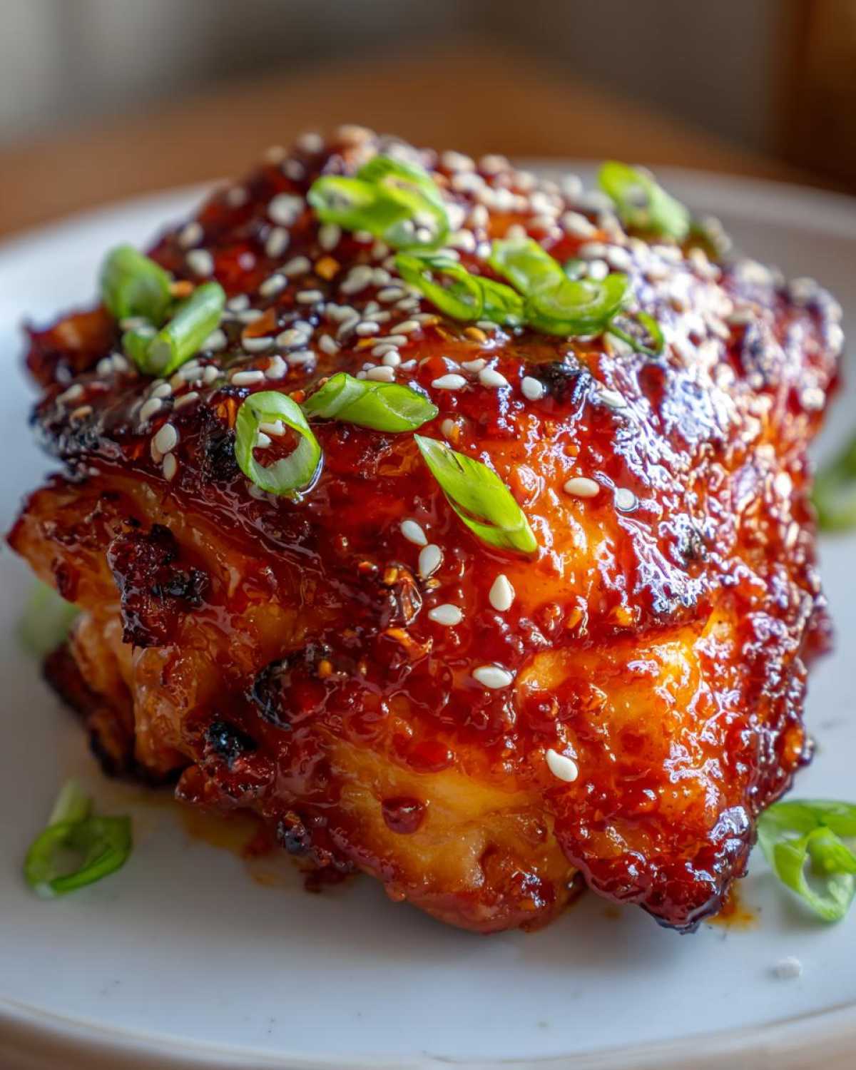 Close-up of a piece of glazed sweet chili chicken, topped with sesame seeds and sliced green onions.