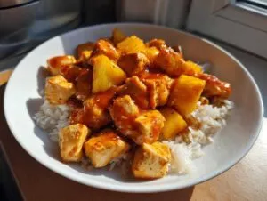 A white bowl filled with teriyaki sheet pan pineapple chicken served over white rice, glistening with sauce.