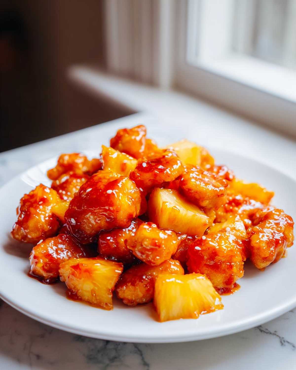 Close-up of juicy chicken pieces and pineapple chunks coated in a glossy teriyaki sauce, part of the teriyaki sheet pan pineapple chicken.