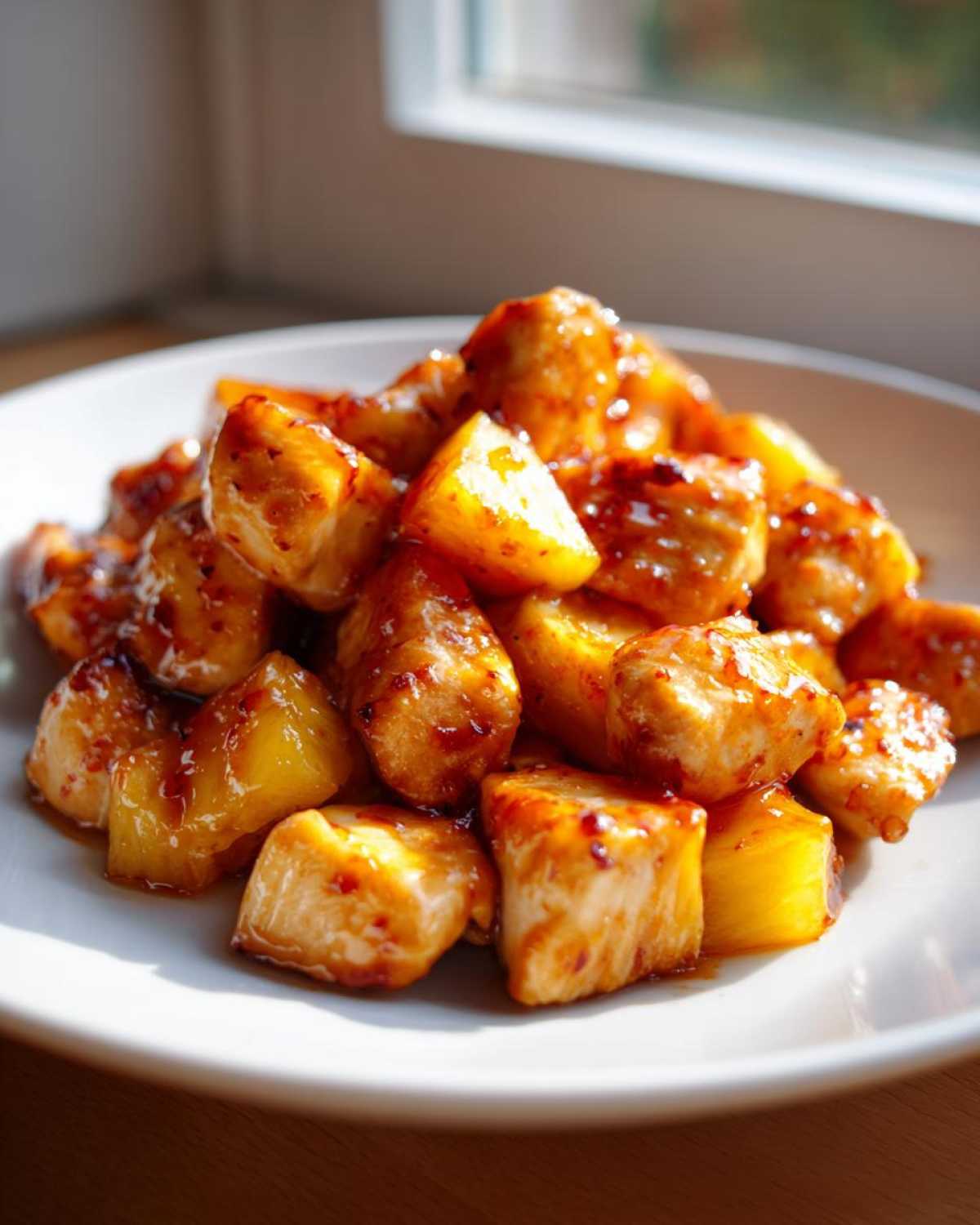 Close-up of juicy chicken chunks and pineapple pieces coated in a shiny teriyaki glaze, ready to serve.