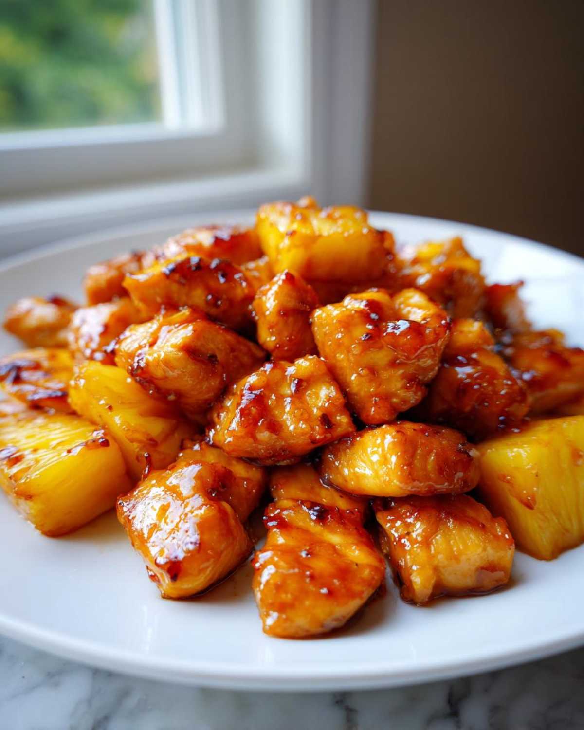 Close-up of glossy, glazed teriyaki sheet pan pineapple chicken pieces served on a white plate.
