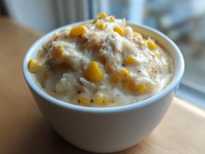 A close-up of a thick, creamy crab and corn chowder served in a white bowl, featuring visible chunks of crab meat and bright yellow corn kernels.