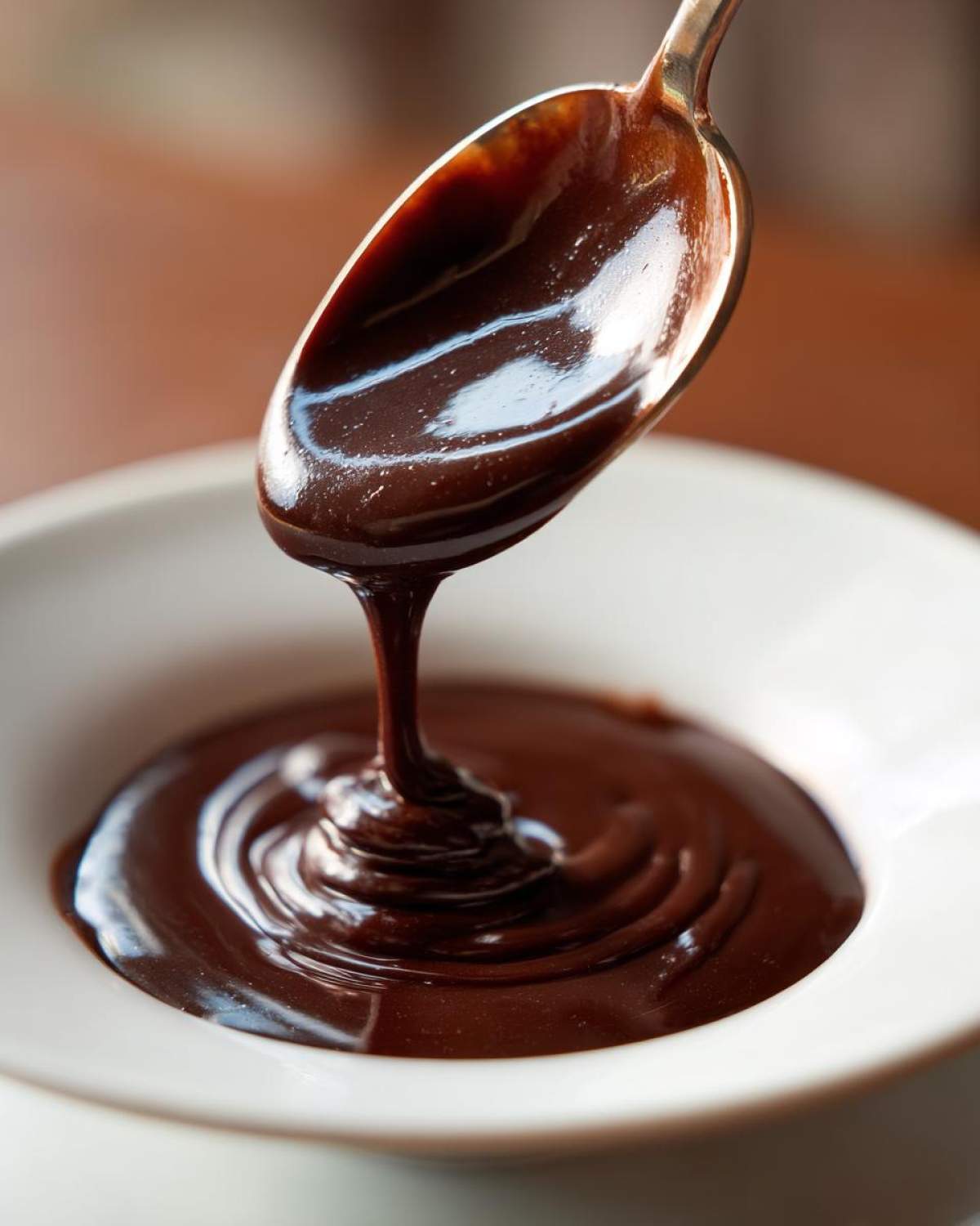 A spoonful of thick, glossy homemade chocolate syrup drips back into a white bowl.