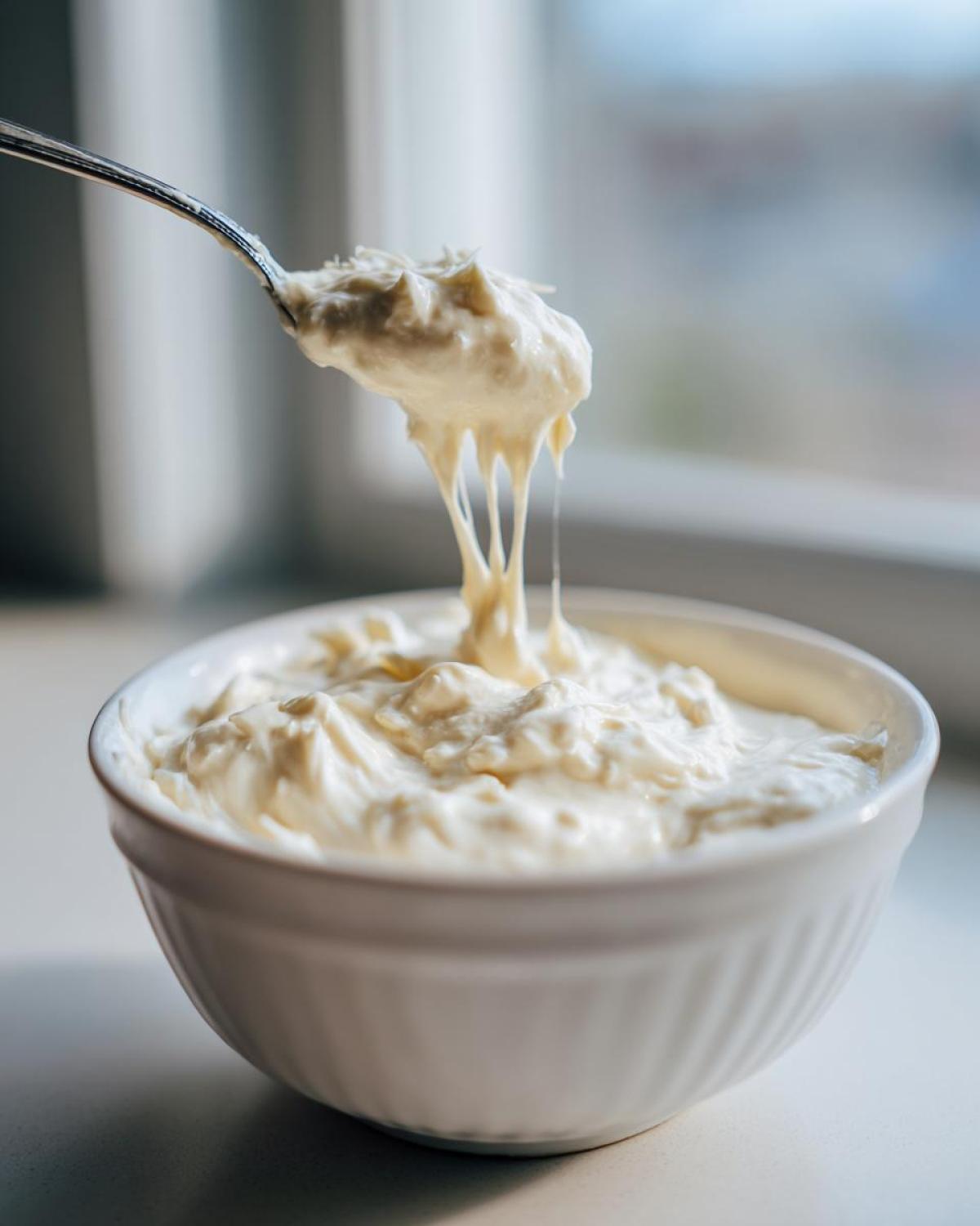 A spoonful of thick, creamy white pizza sauce being lifted from a white bowl, showing its rich texture.