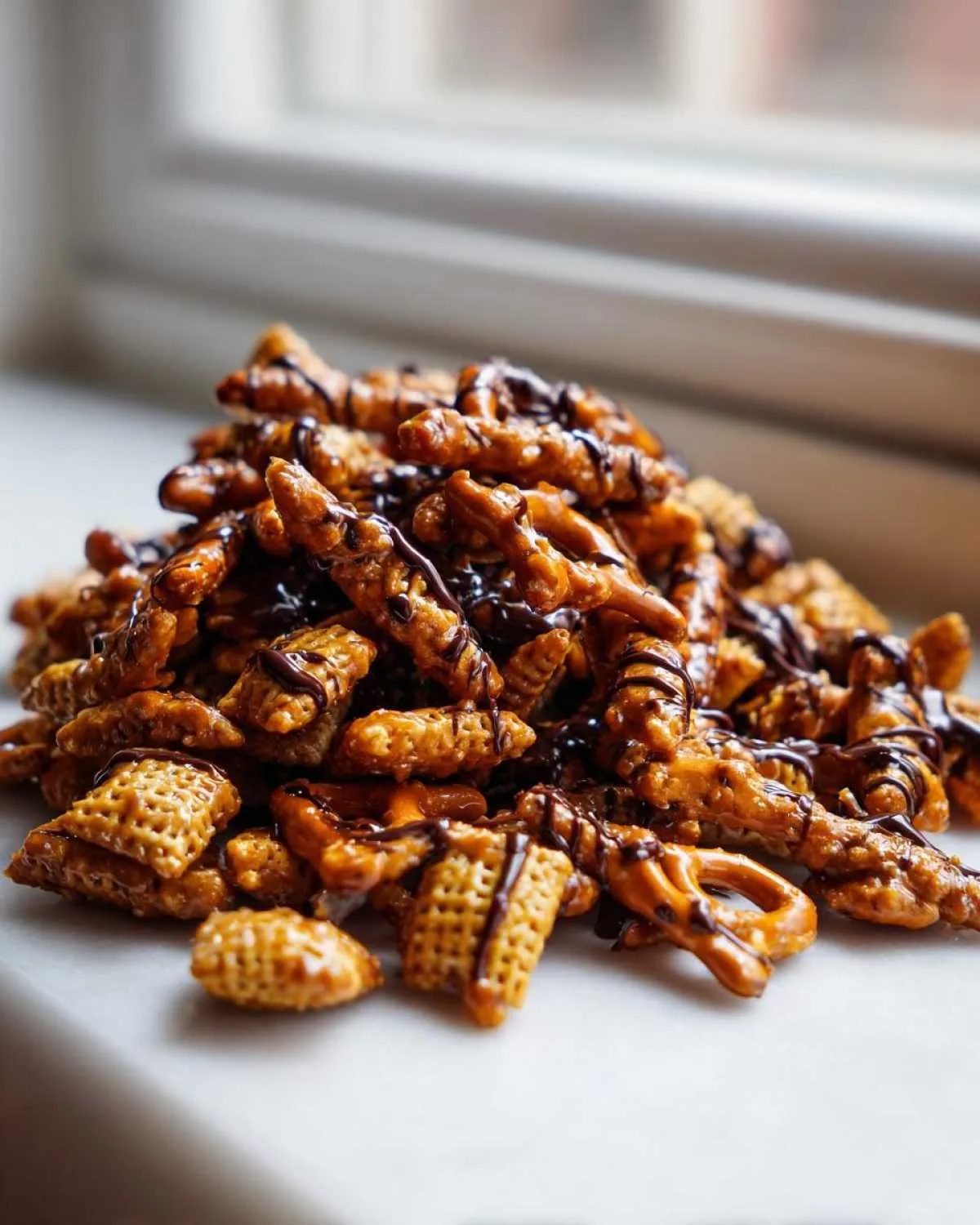 A pile of homemade toffee chex mix recipe pieces coated in toffee and drizzled with dark chocolate.