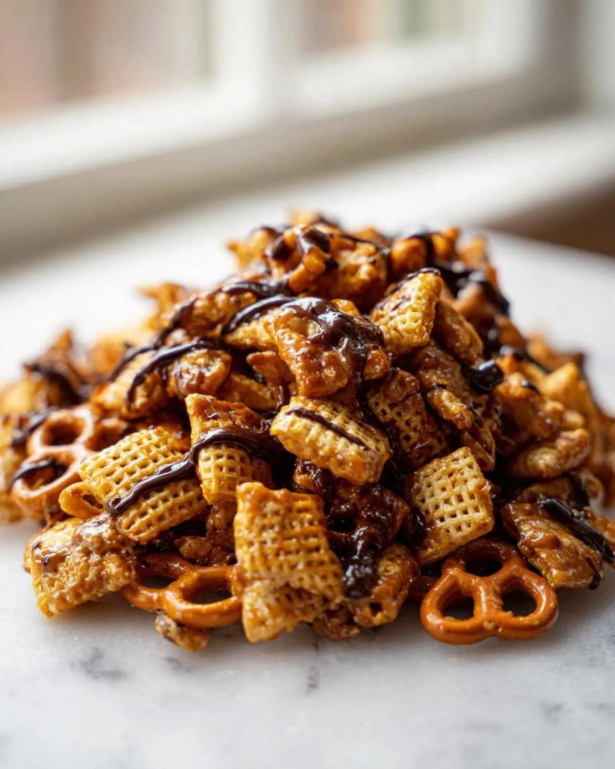 A pile of crunchy toffee chex mix recipe pieces mixed with pretzels and drizzled with dark chocolate.