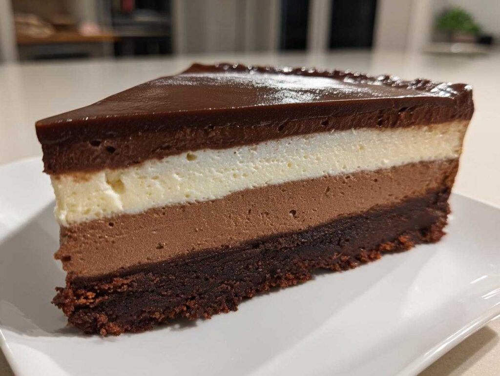 A perfect slice of triple chocolate mousse cake showing distinct dark, milk, and white chocolate layers on a brownie base.