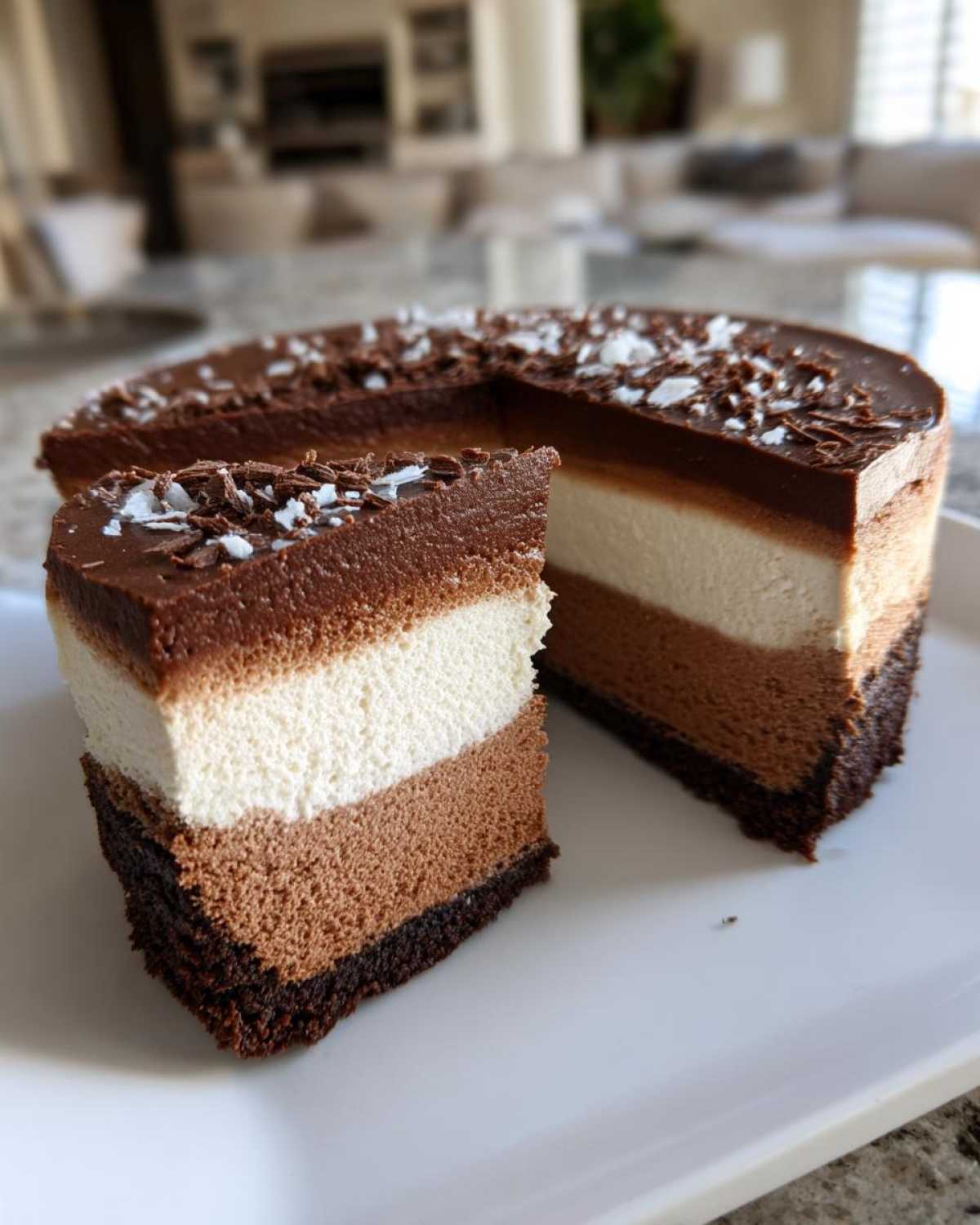 A slice cut from a triple chocolate mousse cake showing dark, milk, and white layers, topped with chocolate shavings.