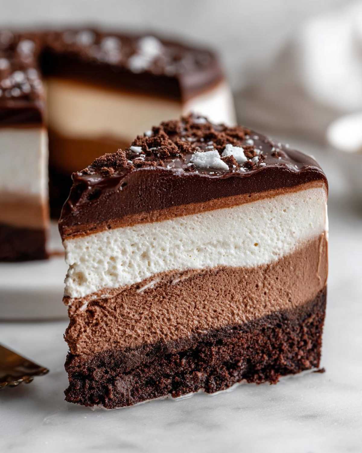 A decadent slice of triple chocolate mousse cake showing distinct dark, milk, and white chocolate layers on a brownie base.