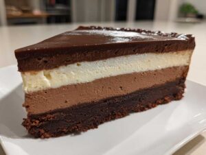 A perfect slice of triple chocolate mousse cake showing distinct dark, milk, and white chocolate layers on a brownie base.
