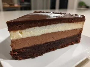 A perfect slice of triple chocolate mousse cake showing distinct dark, milk, and white chocolate layers on a brownie base.