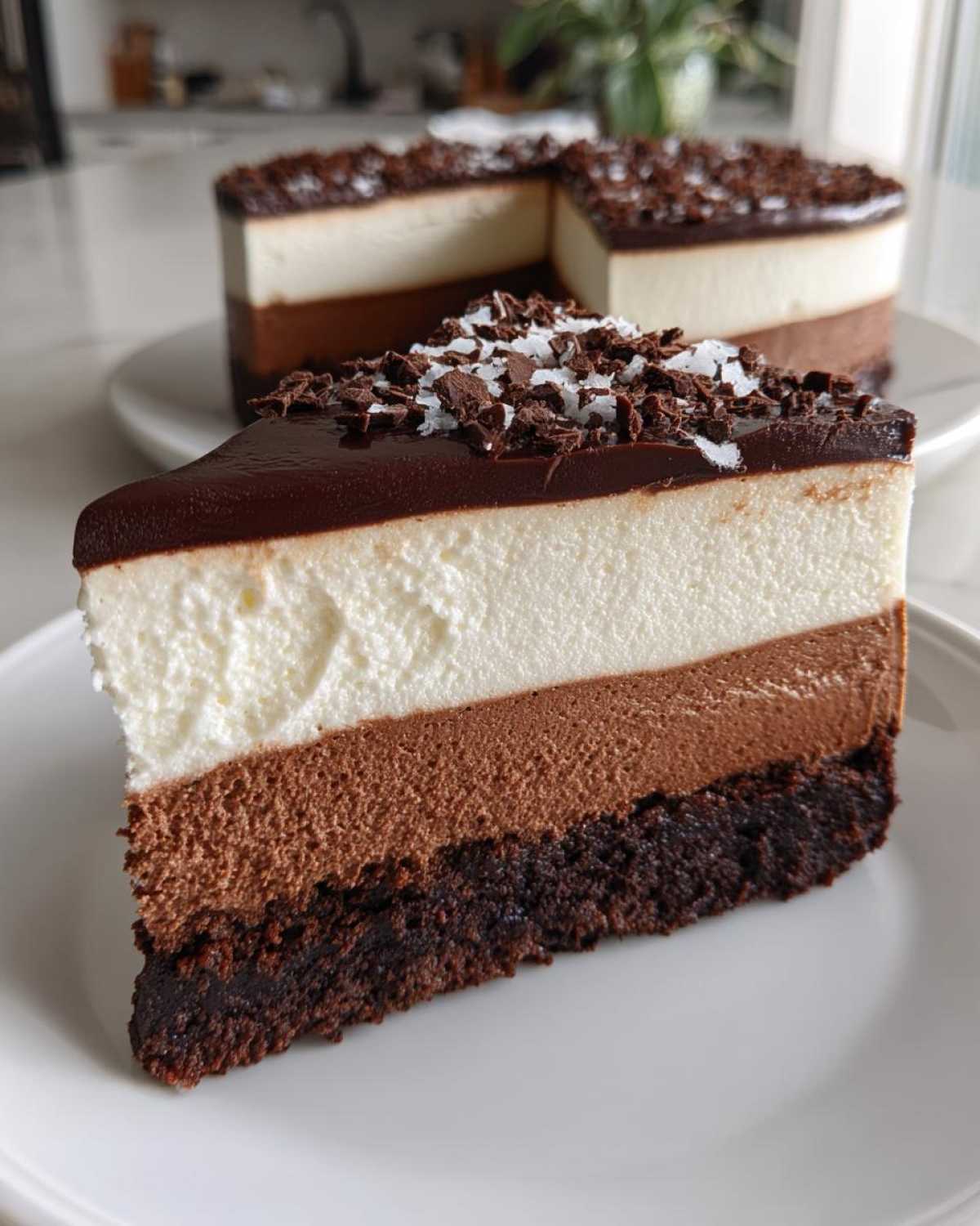 A perfect slice of triple chocolate mousse cake showing dark, milk, and white layers, topped with ganache and chocolate shavings.