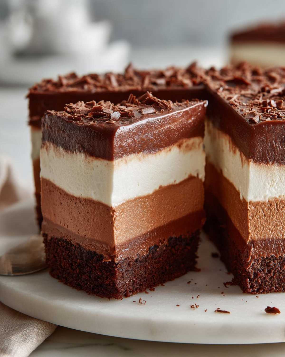 A decadent slice of triple chocolate mousse cake showing distinct dark, milk, and white chocolate layers on a dark brownie base.